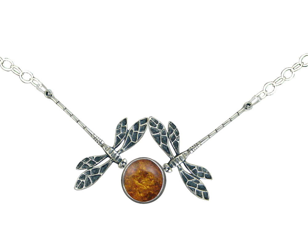 Sterling Silver Double Dragonfly Necklace With Amber
